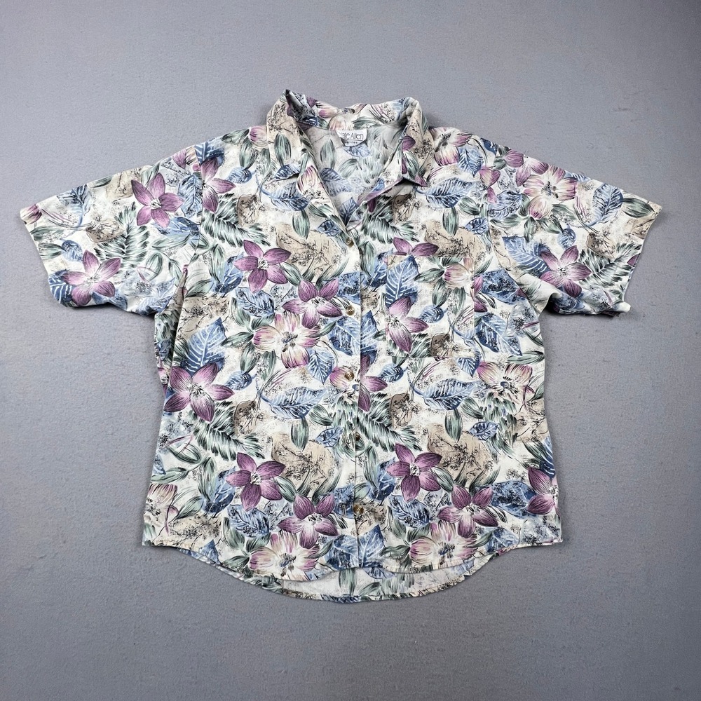 Kate Allen Floral Button Up Shirt Womens Petite Large Purple Blue Tropical Camp